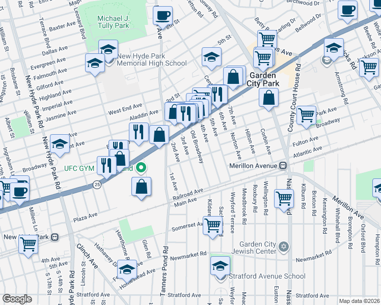 map of restaurants, bars, coffee shops, grocery stores, and more near 10 3rd Avenue in New Hyde Park