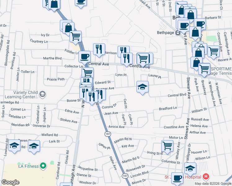 map of restaurants, bars, coffee shops, grocery stores, and more near 2 South Peach Street in Bethpage