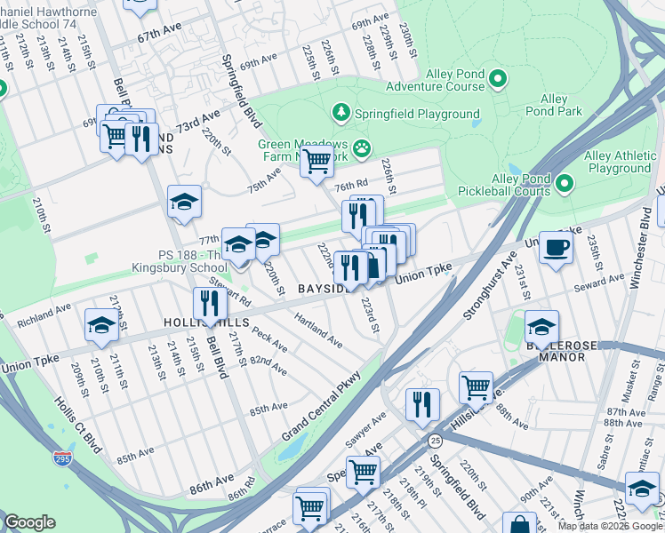 map of restaurants, bars, coffee shops, grocery stores, and more near 78-12 223rd Street in Queens
