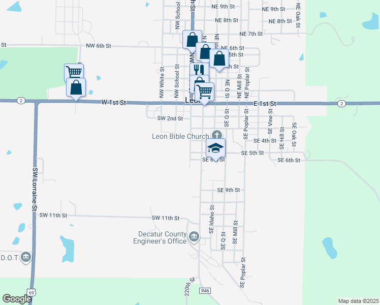 map of restaurants, bars, coffee shops, grocery stores, and more near 530 SW Church St in Leon