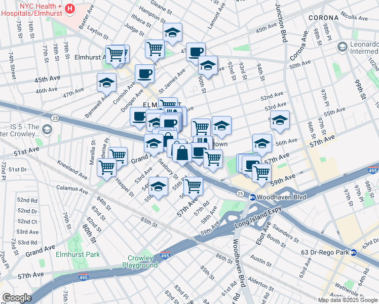 map of restaurants, bars, coffee shops, grocery stores, and more near 88-10 54th Avenue in Queens