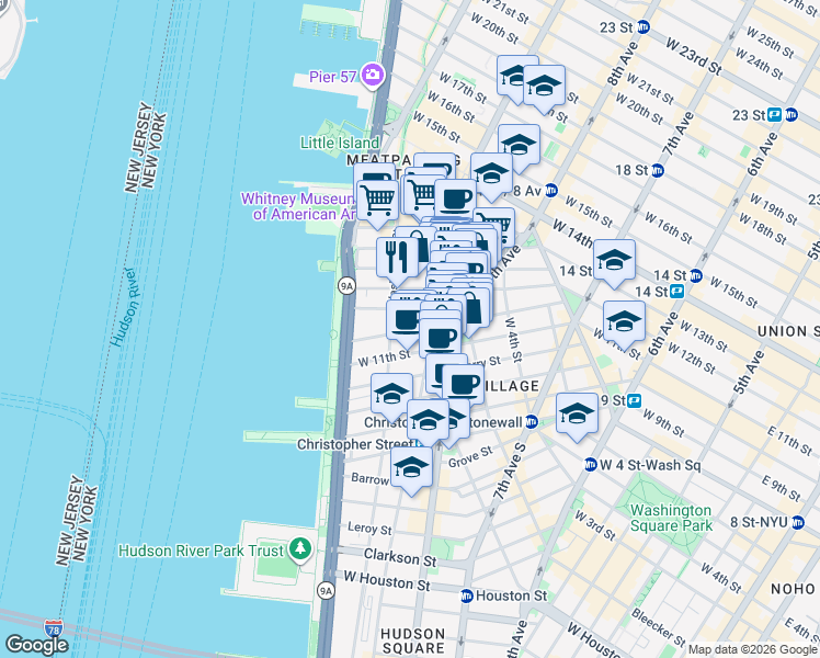 map of restaurants, bars, coffee shops, grocery stores, and more near 20 Bethune Street in New York