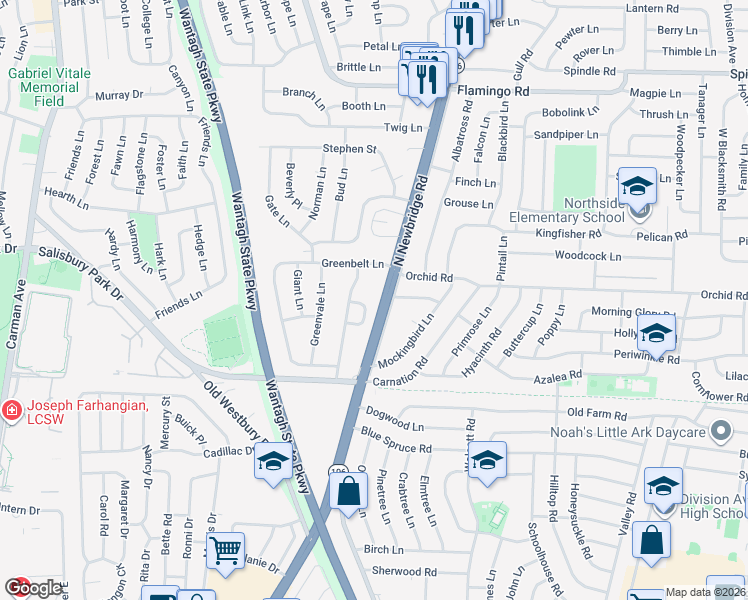 map of restaurants, bars, coffee shops, grocery stores, and more near 9 Grace Lane in Levittown