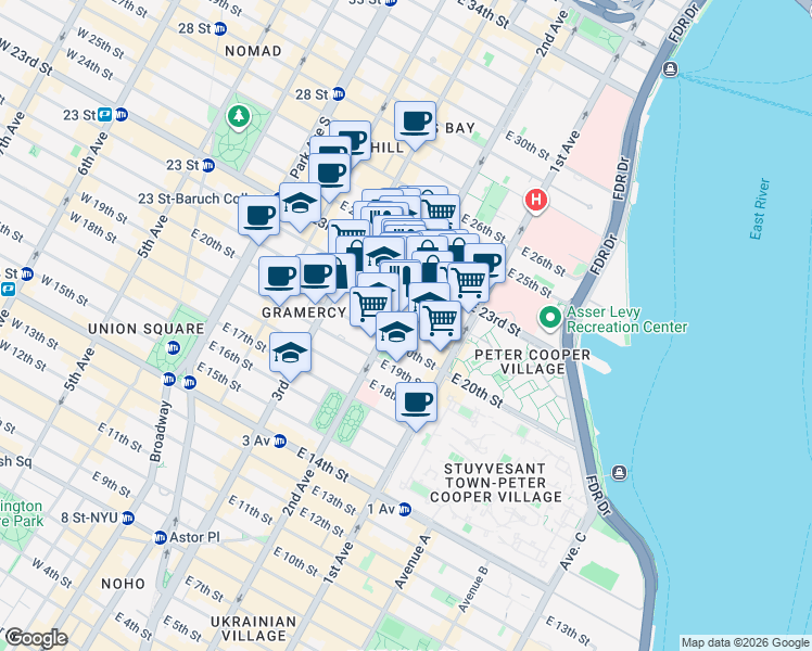 map of restaurants, bars, coffee shops, grocery stores, and more near 310 East 21st Street in New York