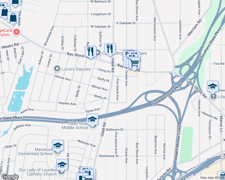 map of restaurants, bars, coffee shops, grocery stores, and more near 1028 Udall Road in West Islip