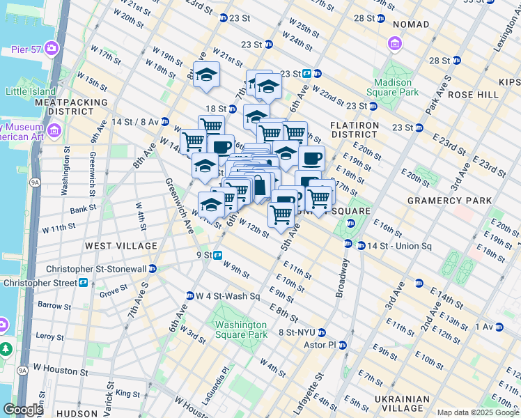 map of restaurants, bars, coffee shops, grocery stores, and more near 39 West 14th Street in New York
