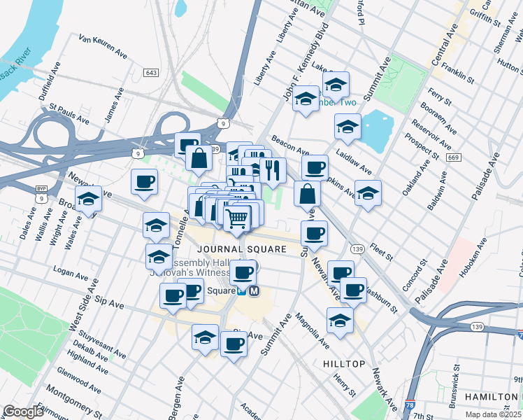 map of restaurants, bars, coffee shops, grocery stores, and more near 10 Huron Avenue in Jersey City