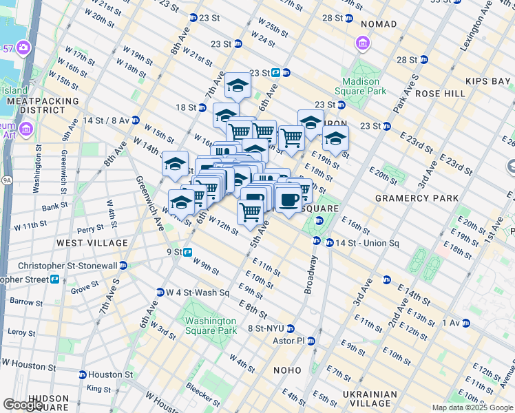 map of restaurants, bars, coffee shops, grocery stores, and more near 31 West 14th Street in New York