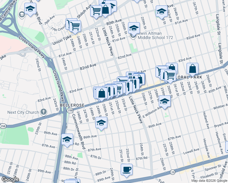 map of restaurants, bars, coffee shops, grocery stores, and more near 83-19 252nd Street in Queens