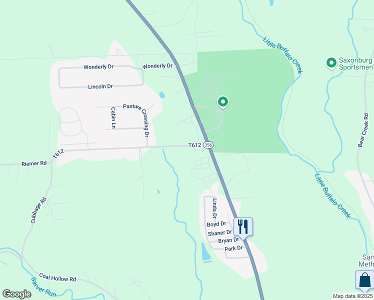 map of restaurants, bars, coffee shops, grocery stores, and more near 300 North Pike Road in Sarver