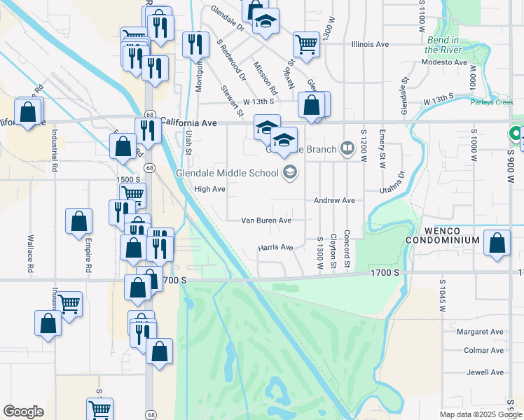 map of restaurants, bars, coffee shops, grocery stores, and more near 1412 Van Buren Avenue in Salt Lake City