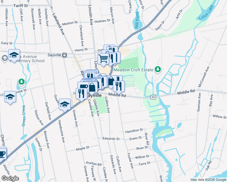 map of restaurants, bars, coffee shops, grocery stores, and more near 33 Foster Avenue in Sayville