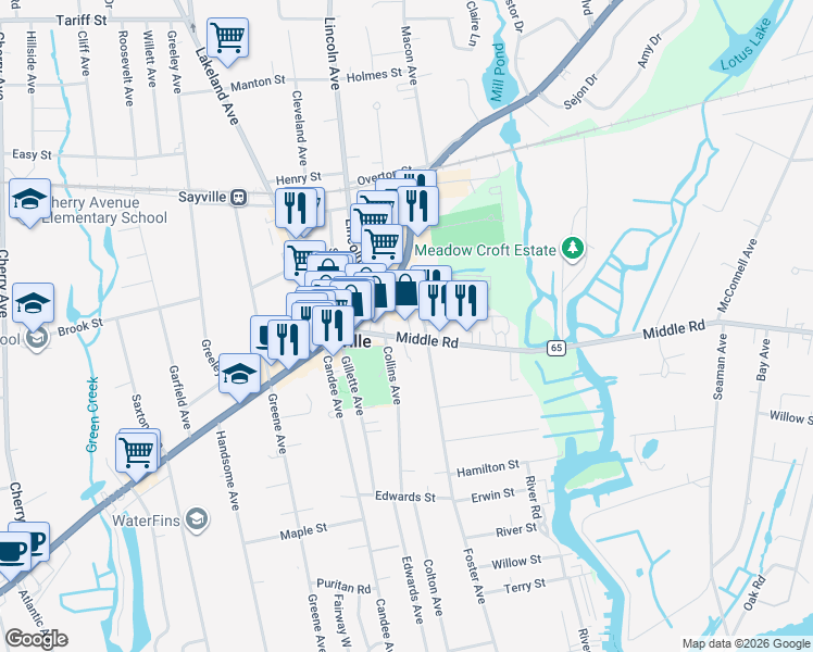 map of restaurants, bars, coffee shops, grocery stores, and more near 102 Middle Road in Bayport