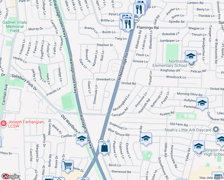 map of restaurants, bars, coffee shops, grocery stores, and more near 9 Grace Lane in Levittown