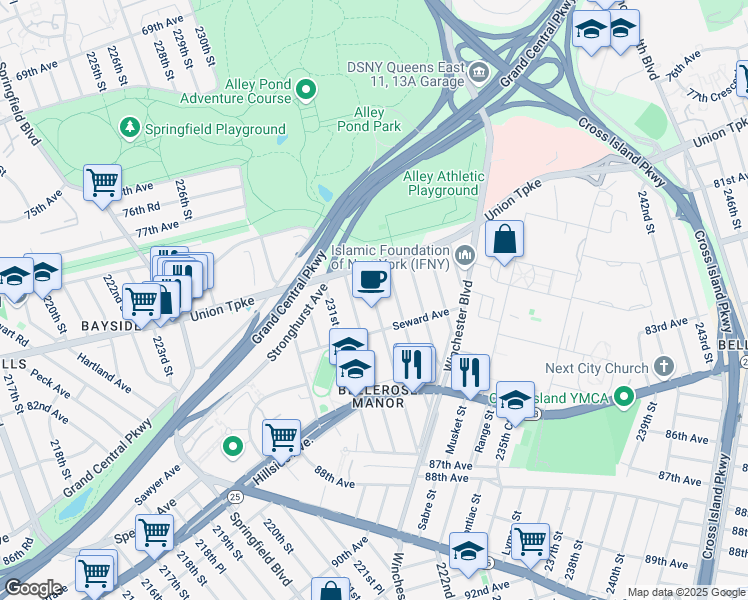 map of restaurants, bars, coffee shops, grocery stores, and more near 80-12 233rd Street in Queens