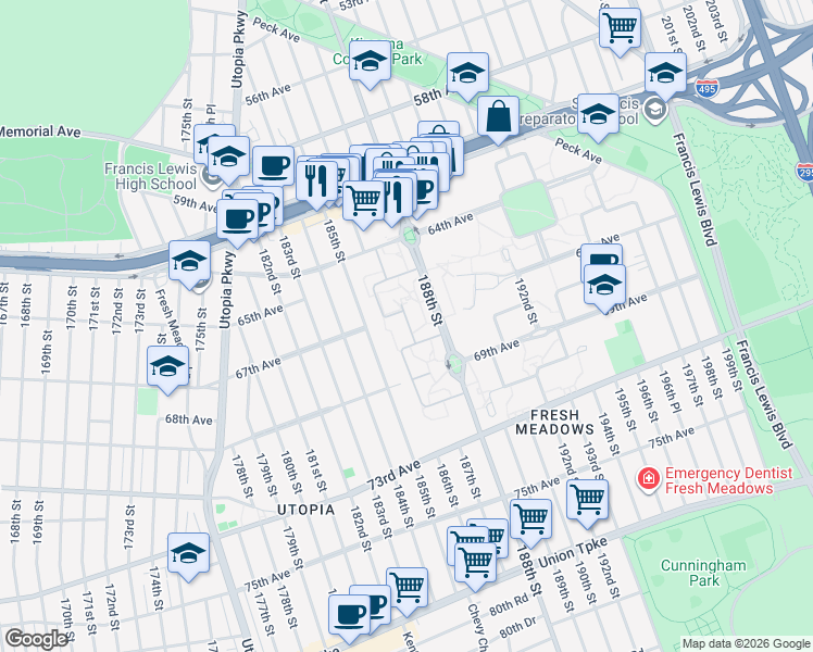 map of restaurants, bars, coffee shops, grocery stores, and more near 67-5H 186th Lane in Queens