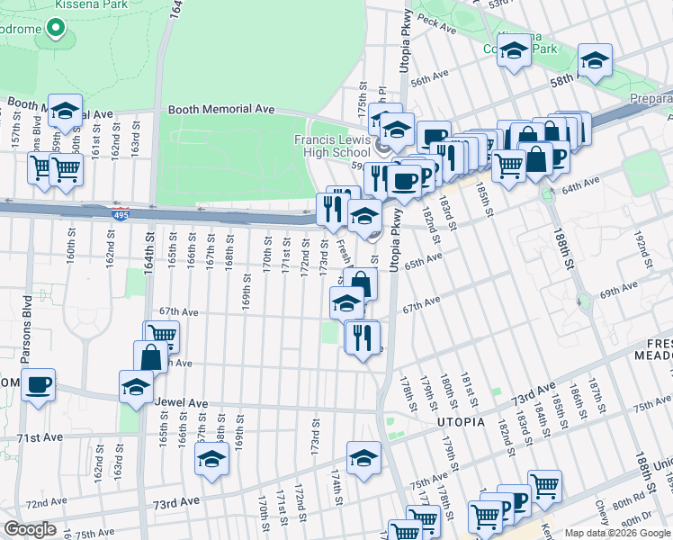 map of restaurants, bars, coffee shops, grocery stores, and more near 61-43 Fresh Meadow Lane in Queens