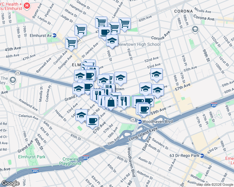 map of restaurants, bars, coffee shops, grocery stores, and more near in Queens
