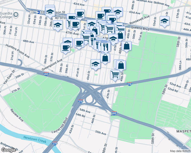 map of restaurants, bars, coffee shops, grocery stores, and more near 50-15 44th Street in Queens