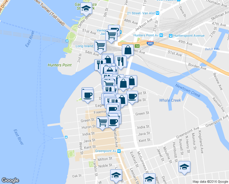 map of restaurants, bars, coffee shops, grocery stores, and more near 52 Box Street in Brooklyn