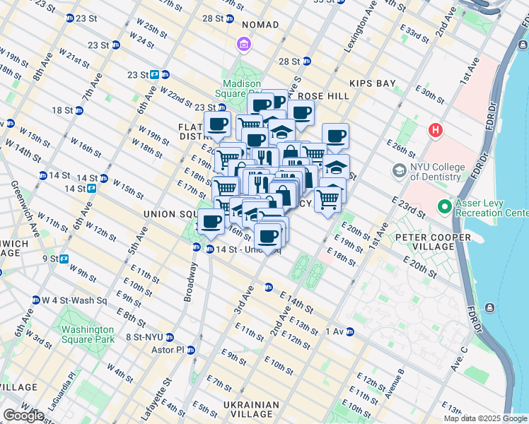 map of restaurants, bars, coffee shops, grocery stores, and more near 127 East 19th Street in New York
