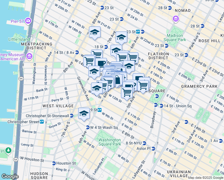 map of restaurants, bars, coffee shops, grocery stores, and more near 39 West 14th Street in New York