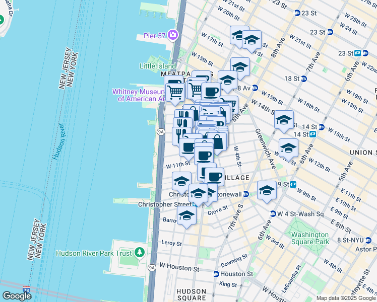 map of restaurants, bars, coffee shops, grocery stores, and more near 123 Bank Street in New York