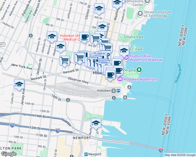 map of restaurants, bars, coffee shops, grocery stores, and more near 163 Newark Street in Hoboken