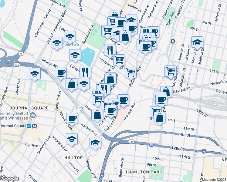 map of restaurants, bars, coffee shops, grocery stores, and more near 36 Jefferson Avenue in Jersey City