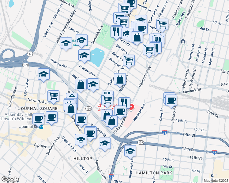 map of restaurants, bars, coffee shops, grocery stores, and more near 61 Jefferson Avenue in Jersey City
