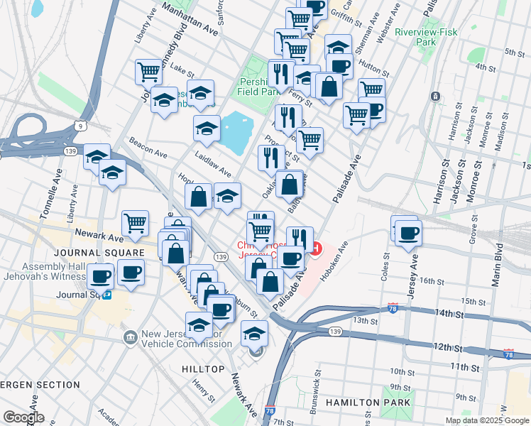 map of restaurants, bars, coffee shops, grocery stores, and more near 79 Laidlaw Avenue in Jersey City