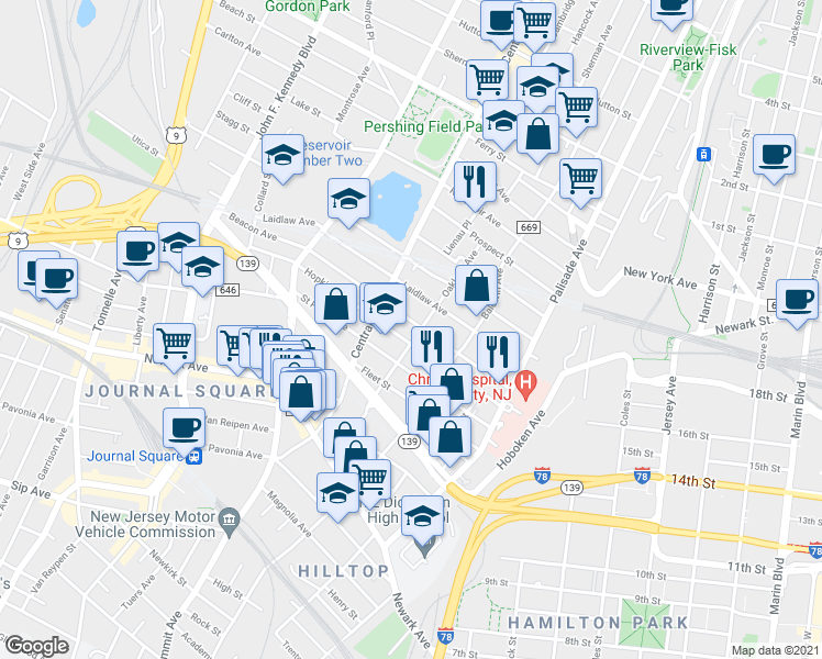 map of restaurants, bars, coffee shops, grocery stores, and more near 79 Laidlaw Avenue in Jersey City