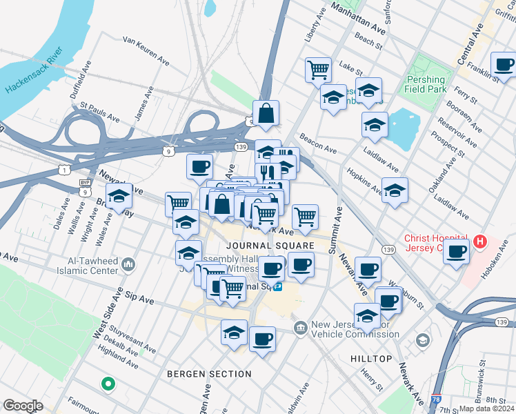 map of restaurants, bars, coffee shops, grocery stores, and more near 21 Skillman Avenue in Jersey City