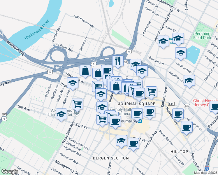 map of restaurants, bars, coffee shops, grocery stores, and more near in Jersey City