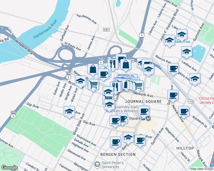 map of restaurants, bars, coffee shops, grocery stores, and more near 888 Newark Avenue in Jersey City