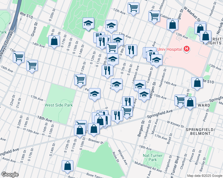 map of restaurants, bars, coffee shops, grocery stores, and more near 467 15th Avenue in Newark