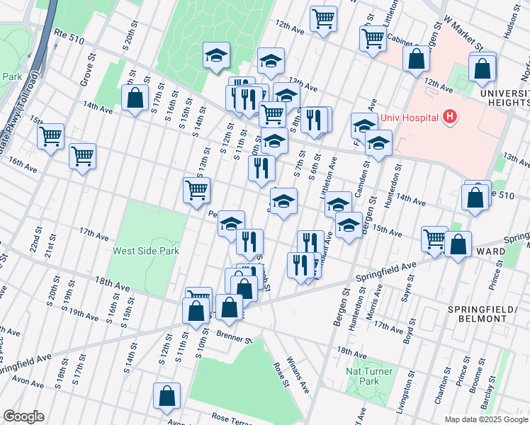 map of restaurants, bars, coffee shops, grocery stores, and more near 467 15th Avenue in Newark