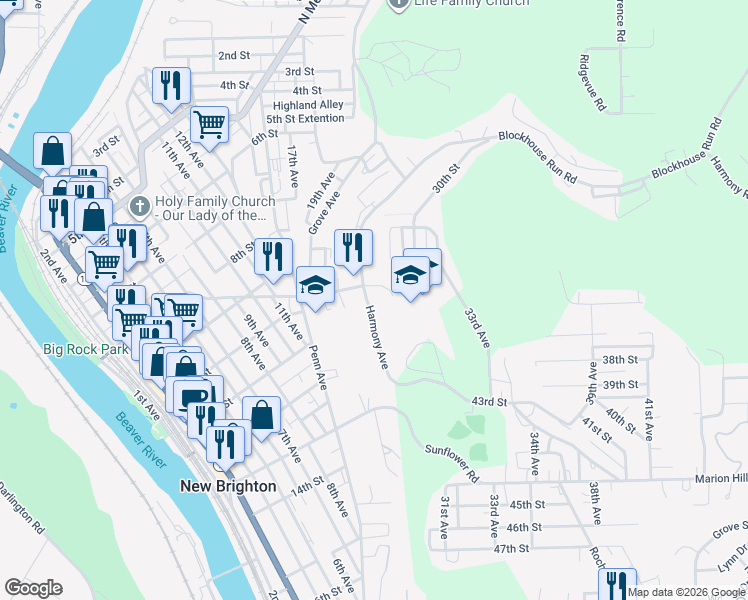 map of restaurants, bars, coffee shops, grocery stores, and more near 1319 Allegheny Street in New Brighton