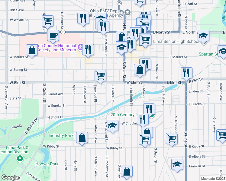 map of restaurants, bars, coffee shops, grocery stores, and more near 302 South Pierce Street in Lima