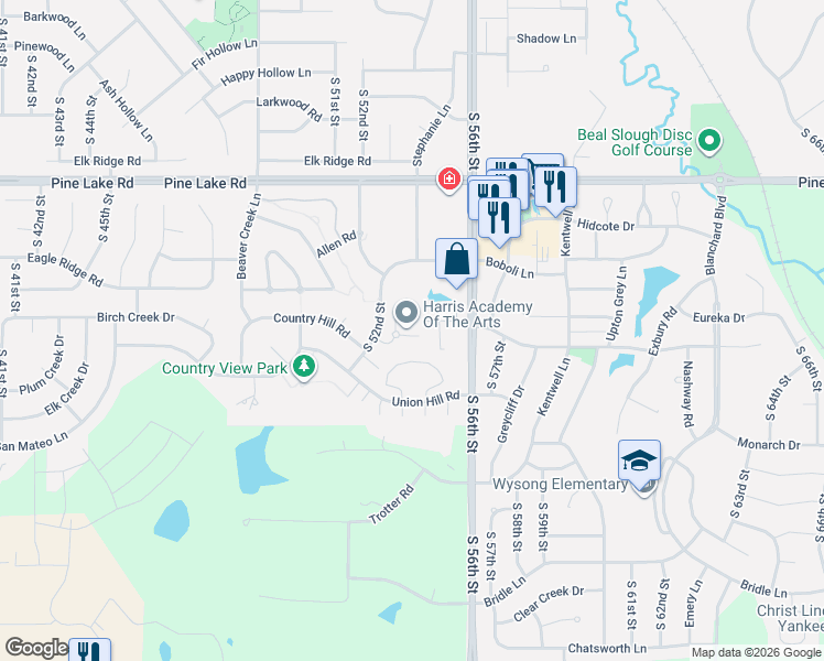 map of restaurants, bars, coffee shops, grocery stores, and more near 7336 South 53rd Street Court in Lincoln