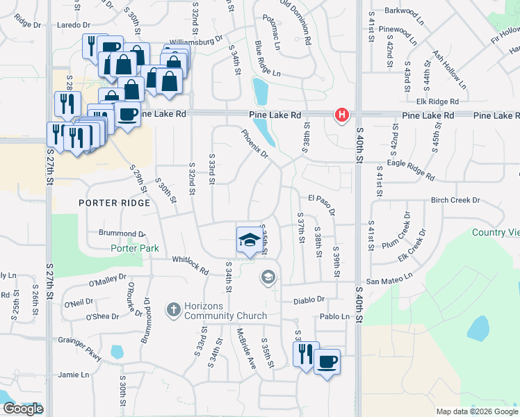 map of restaurants, bars, coffee shops, grocery stores, and more near 3520 Mesquite Circle in Lincoln
