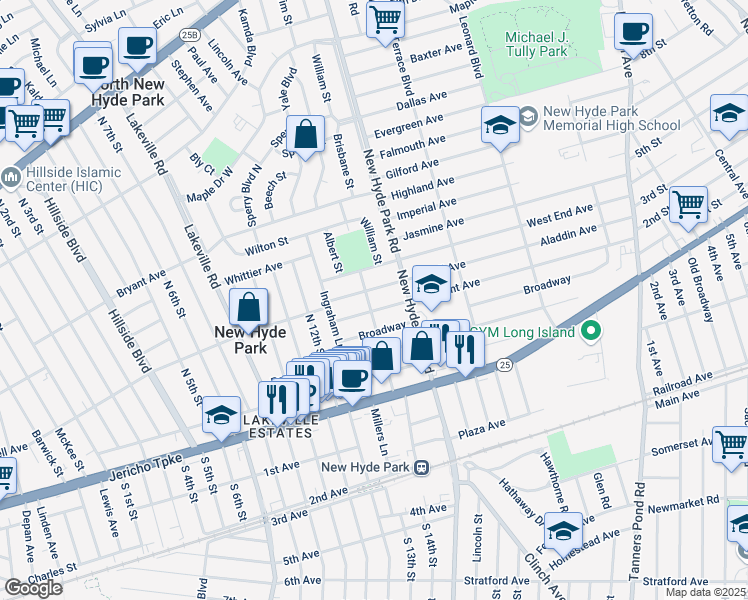 map of restaurants, bars, coffee shops, grocery stores, and more near 510 Central Boulevard in New Hyde Park