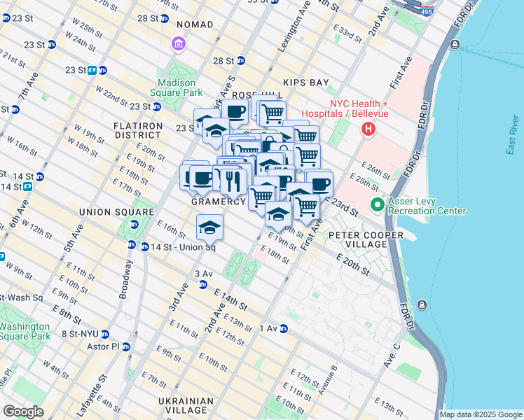 map of restaurants, bars, coffee shops, grocery stores, and more near 224 East 21st Street in New York