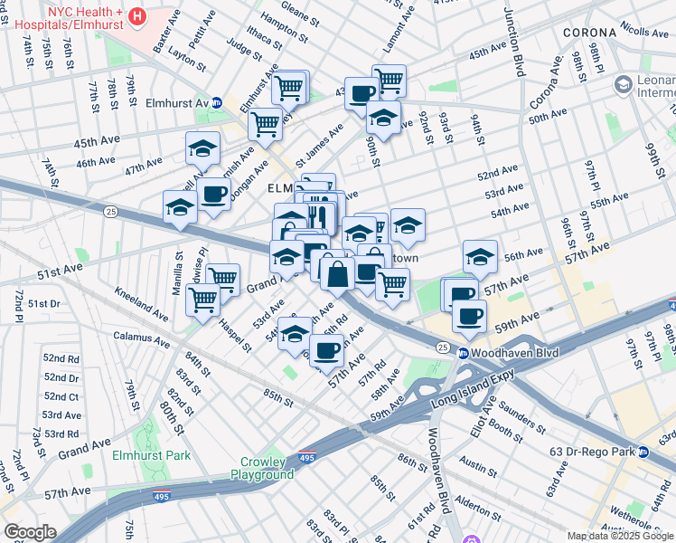 map of restaurants, bars, coffee shops, grocery stores, and more near 8629 Broadway in Queens