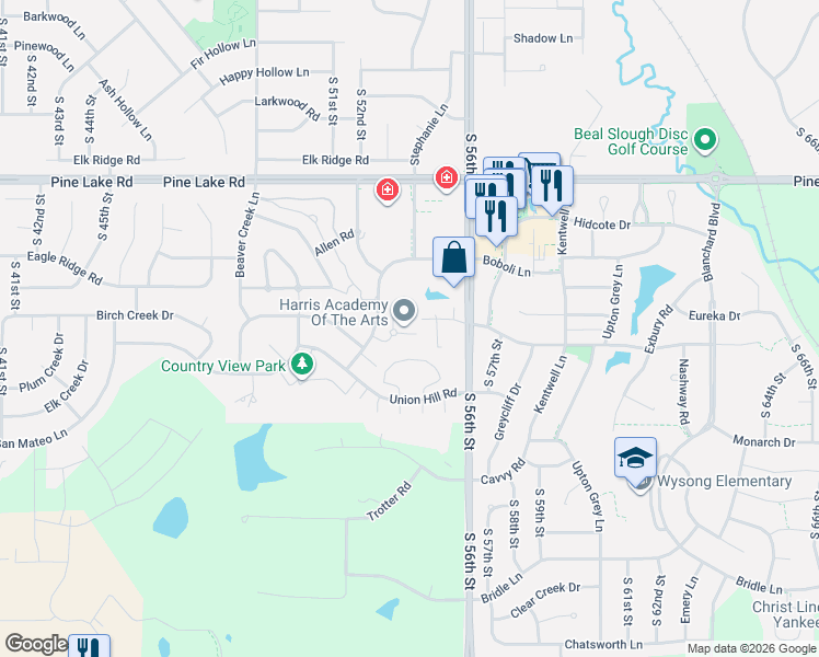 map of restaurants, bars, coffee shops, grocery stores, and more near 7336 South 53rd Street Court in Lincoln
