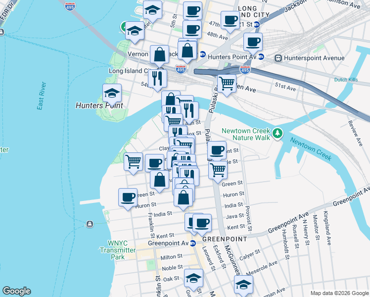map of restaurants, bars, coffee shops, grocery stores, and more near 52 Box Street in Brooklyn