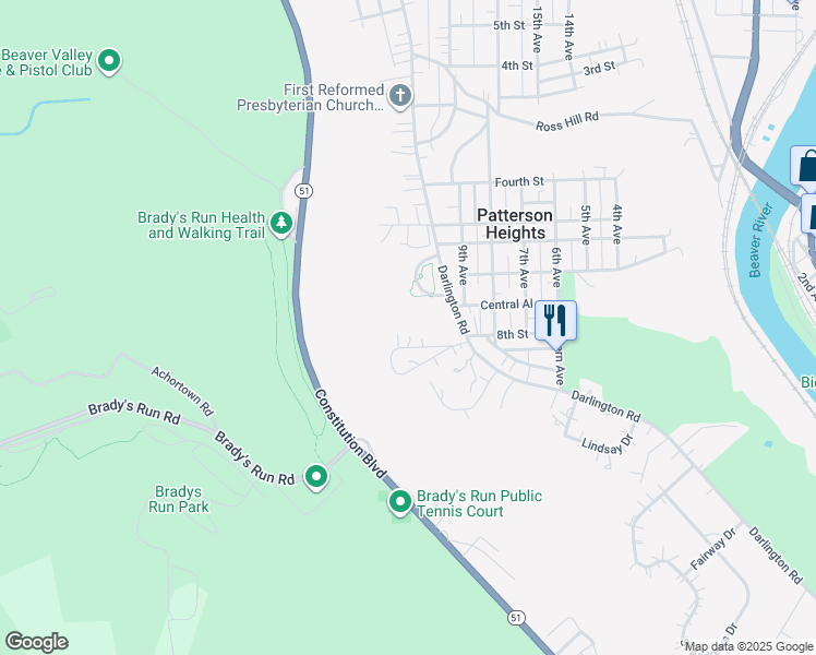 map of restaurants, bars, coffee shops, grocery stores, and more near 63 Darlington Road in Beaver Falls