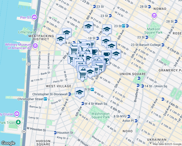 map of restaurants, bars, coffee shops, grocery stores, and more near 157 West 12th Street in New York