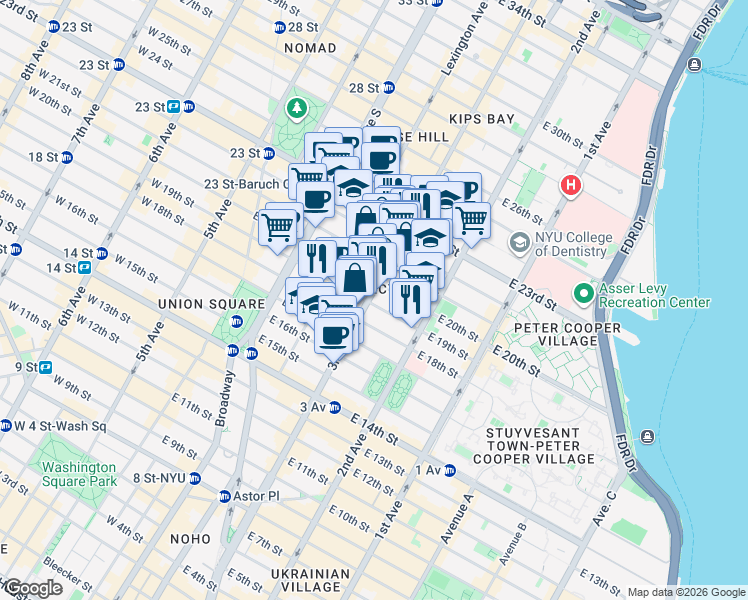 map of restaurants, bars, coffee shops, grocery stores, and more near in New York