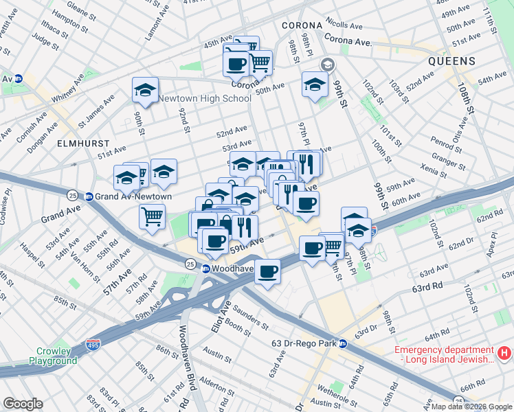 map of restaurants, bars, coffee shops, grocery stores, and more near 94-2 56th Avenue in Queens
